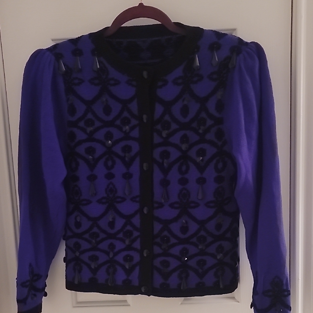 Vintage Purple and Black Women's Cardigan With Embellishments Sz XS